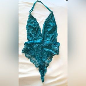Forever 21 Plunge Lingerie Bodysuit Size S Teal Lace Excellent Condition